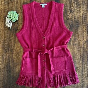 Peter Martin | 100% Wool Red Bohemian Belted Sweater Vest w/Fringe, Size L